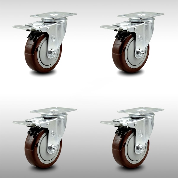 4 Inch SS Maroon Polyurethane Top Plate Caster Set Total Lock Brake SCC